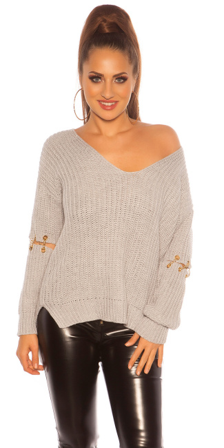 V-Cut sweater with chain decoration Grey